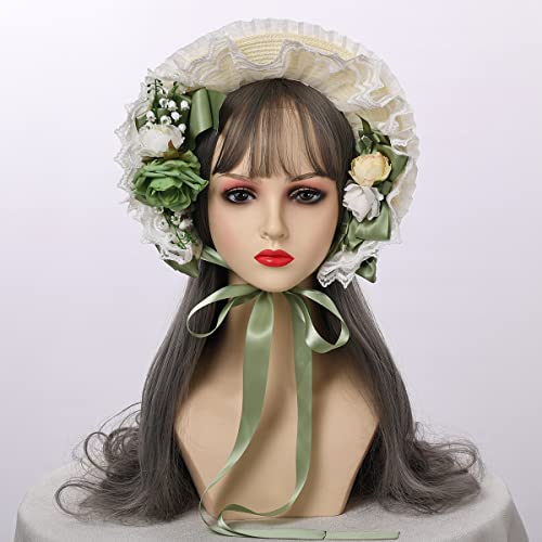 COSDREAMER Girls Women Victorian Bonnets Lace Flowers Tea Party Hats - color: Light Green