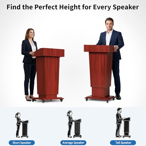 Tredre Wooden Podium Stand with Wheels, 41”–54.5” Height Adjustable Lectern | Mobile Podium with Crank Lift, Stable Base & Storage Shelf, Elegant Pulpit for Churches, Schools, Seminars and Auditoriums - color: Dark Cherry