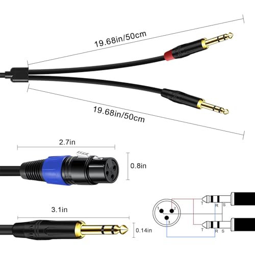 6.35mm Dual TRS to XLR Female Cable for Microphone, Mixer, Amplifier, 3.3 FT, Dual1/4 TRS Male to XLR Audio Cable, Y Splitter Patch Cord, 3-PinXLR to Dual 1/4 Converter Adapter Cable - size: 3.3Ft, 1Pack, style: Dual 1/4 to XLR Female