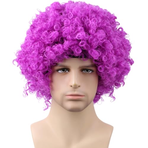 Funny Wigs for Women Men Violet Color Crazy Clown Wigs Fans Wig Short Afro Curly Costume Wig for Halloween Parties Cosplay Stage Performance Christmas Party Wig(Large Size,Violet Color) - color: Violet Color, size: Large Size