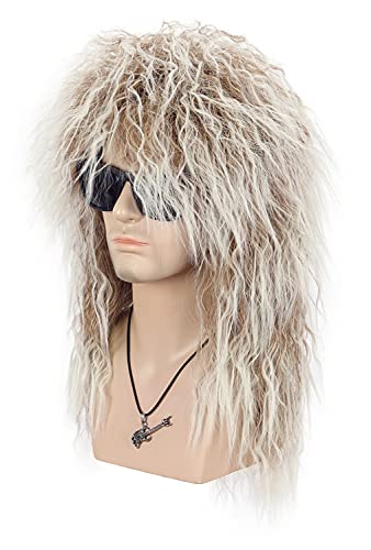 VGbeaty Men Women Long Curly Brown Gradient White 70s 80s Rocker Mullet Wig Halloween Costume Cosplay Wig | 70s 80s Rocker Halloween Costume Cosplay Wig - color: Brown and White