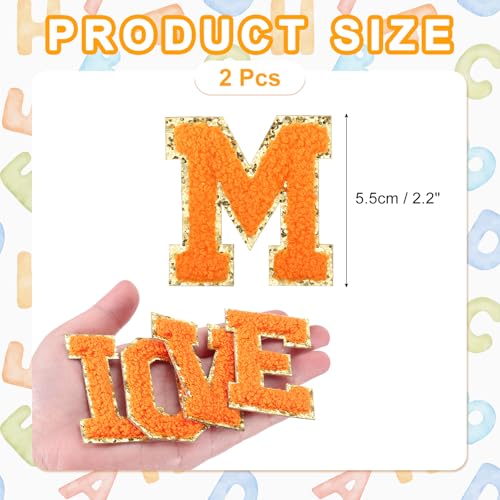 MECCANIXITY Chenille Letter Patches 2.2" Self Adhesive Alphabet M Stick on Embroidered Patch Sew on Letter Stickers Applique for Repairing Clothing Jeans Shoes Hats DIY(Orange, Pack of 2) - style: Letter-M
