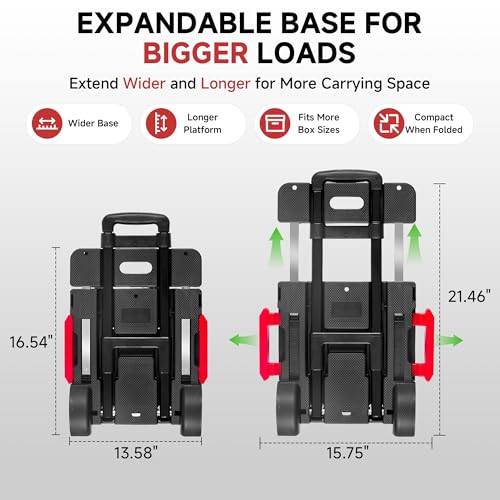 Folding Hand Truck Dolly, 220 lb Portable Utility Cart | with Expandable Base, 3 Adjustable Heights, 5-Wheel Collapsible Luggage Cart with 2 Ropes for Moving, Office and Travel