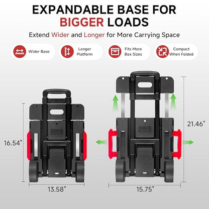 Folding Hand Truck Dolly, 220 lb Portable Utility Cart | with Expandable Base, 3 Adjustable Heights, 5-Wheel Collapsible Luggage Cart with 2 Ropes for Moving, Office and Travel