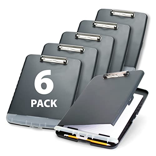 Officemate Slim Clipboard Storage Box, 10 x 14.5-Inches, Plastic Document Organizer with Storage Compartment and Pen Holder, Low-Profile Metal Clip, Charcoal, Pack of 6 - size: Pack of 6