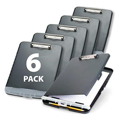 Officemate Slim Clipboard Storage Box, 10 x 14.5-Inches, Plastic Document Organizer with Storage Compartment and Pen Holder, Low-Profile Metal Clip, Charcoal, Pack of 6 - size: Pack of 6