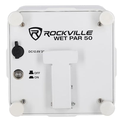 Rockville Wet PAR 50 White DJ Light with 2.4Ghz Wireless DMX, 2-Pack | 24-Hour Rechargeable Battery, RGBWA+UV LEDs, RF Remote, IP64 Waterproof, 3/4/6/10-Channel Modes