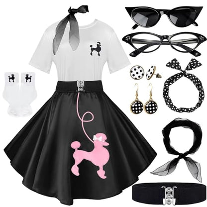1950s Poodle Skirt Outfit Women 50s Sock Hop Costume T Shirt Accessories - color: Blackpink, size: Small