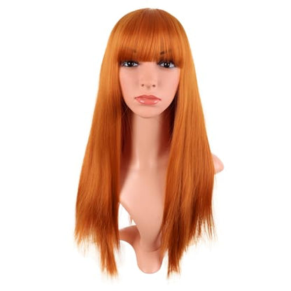 MapofBeauty 24 Inch Long Straight Flat Bangs Party Cosplay Wig,Light Orange | 60 cm Synthetic Hair Wig, Heat Resistant, Women - color: Light Orange