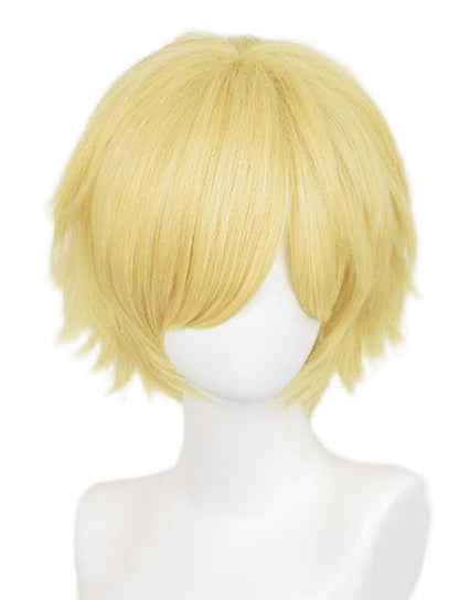 LABEAUTÉ Short Golden Anime Cosplay Wig Male Men Anime Layered Unisex Heat Resistant Hair Wig with Bangs for Party and Halloween for Gift + Free Cap - color: Golden