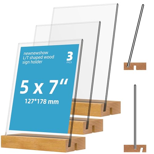 newnewshow 5"x7" Acrylic Sign Holder with Wood Base Wood Sign Holder Vertical or Slant Back Display for Store Office Wedding (3pack)