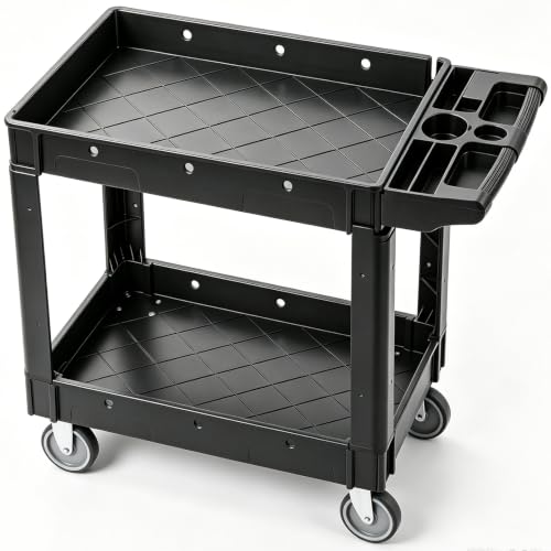VEVOR Utility Service Cart, 2 Shelf 550LBS Heavy Duty Plastic Rolling Utility Cart, Medium Lipped Shelf, 360° Swivel Wheels, Ergonomic Storage Handle for Warehouse Garage, Black | Heavy Duty Rolling Cart with 360° Swivel Wheels, Medium Lipped Shelf, Ergon