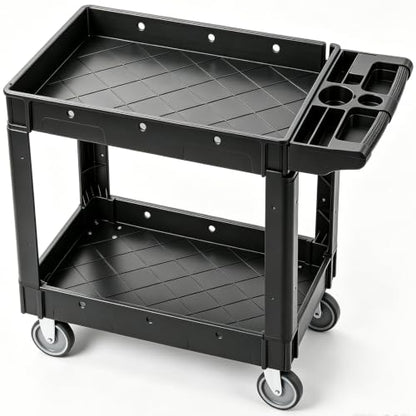 VEVOR Utility Service Cart, 2 Shelf 550LBS Heavy Duty Plastic Rolling Utility Cart, Medium Lipped Shelf, 360° Swivel Wheels, Ergonomic Storage Handle for Warehouse Garage, Black | Heavy Duty Rolling Cart with 360° Swivel Wheels, Medium Lipped Shelf, Ergon