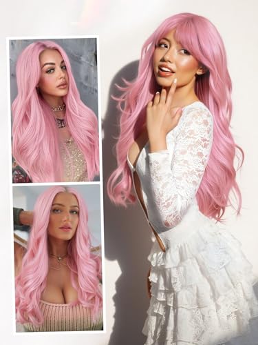 Quantum Love Long Curly Pink Wig for Women Long Wavy Middle Part Light Pink Wigs 28Inch Natural Looking Synthetic Fashion Color Hair for Cosplay Halloween Daily Party Use - color: Pink