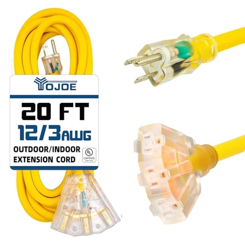 YOJOE 3-Outlets Indoor Outdoor Extension Cord with Lighted End, 3 Prong 15A Weatherproof Power Cord, 12 Gauge Heavy Duty 20 ft Yellow Extension Cord Multiple Outlets, 12/3 SJTW UL Certified - color: Yellow, size: 20 Foot