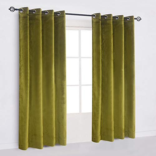 Super Soft Luxury Room Darkening Velvet Moss Green Thermal Blackout Curtain Panel Drapes Grommet Draperies Eyelet 52Wx63L inch Green Yellow,2 Panels - color: Moss-green, size: 52Wx63L