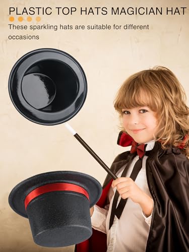 12 Pack Adults Top Hats Bulk Black Glitter Top Hat with Red Band Plastic Magician Hat for Men Women Dress Up Supply - color: Color Style 2 ( Pvc Glitter )