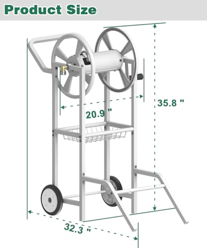 Hose Reel Cart with 2 Wheels, Garden Water Hose Holder Heavy Duty Powder Coated Steel Outdoor Winder Storage Holds 125 ft 5/8" Hoses with Basket and 3.9ft Leader Hose for Backyard, White - color: White