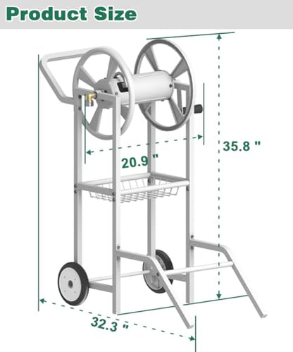 Hose Reel Cart with 2 Wheels, Garden Water Hose Holder Heavy Duty Powder Coated Steel Outdoor Winder Storage Holds 125 ft 5/8" Hoses with Basket and 3.9ft Leader Hose for Backyard, White - color: White
