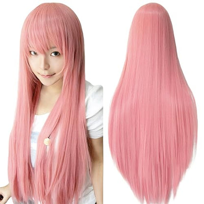 80cm Long Straight Natural Hair Cosplay Wigs with Bangs Colorful Halloween Costume Party Wig for Women (Pink) - color: Pink