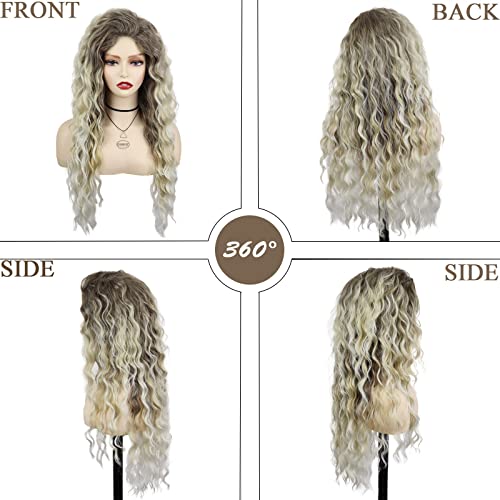 GNIMEGIL 26 Inch Ombre Ash Blonde Curly Wig 80s Long Wavy Wigs For Women Fluffy Synthetic Fiber Carnival Party Halloween Costume Big Volume Hair Brown Shades Blonde Realistic Hairstyle - color: Ash Blonde