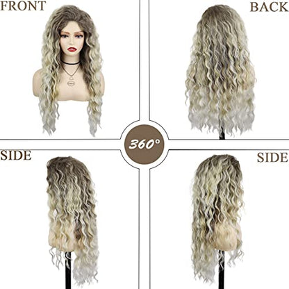 GNIMEGIL 26 Inch Ombre Ash Blonde Curly Wig 80s Long Wavy Wigs For Women Fluffy Synthetic Fiber Carnival Party Halloween Costume Big Volume Hair Brown Shades Blonde Realistic Hairstyle - color: Ash Blonde