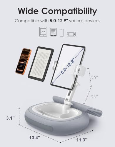 RIWUCT Tablet Pillow Stand for Bed, [Adjustable & Stable] Kindle Holder for 5-12.9" Phone/iPad/Tablet/E-Reader with 360° Rotating Clip & Snack Bowl, for iPad Stand Hands-Free Reading on Bed/Sofa, Gray - color: Gray