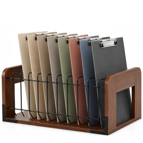 Yookeer 1 Pc Vertical Clipboard Holder, Desk File Organizer Storage Rack, 12 Slot Wooden and Metal Clipboard Organizer, Storage Stand Rack for Home, Office, No Assembly Required (Walnut) - color: Walnut