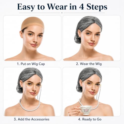 MAQIHAN Grandma Wig Costume Set - Gray Bun Wig with Cap and Glasses - color: Grey02