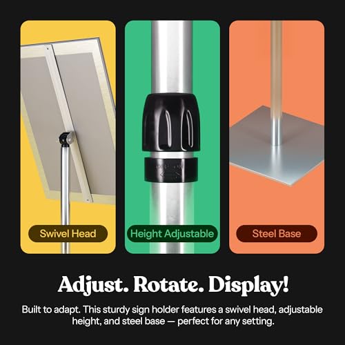 T-SIGN 31.5 to 48 Inch Pedestal Sign Holder - Adjustable Floor Sign Stand for 11x17 Displays, Heavy Duty Outdoor Sign Holder with Square Base for Restaurants, Retail, Trade Shows, and Events (Silver) - size: 11 X 17 Inches, Silver