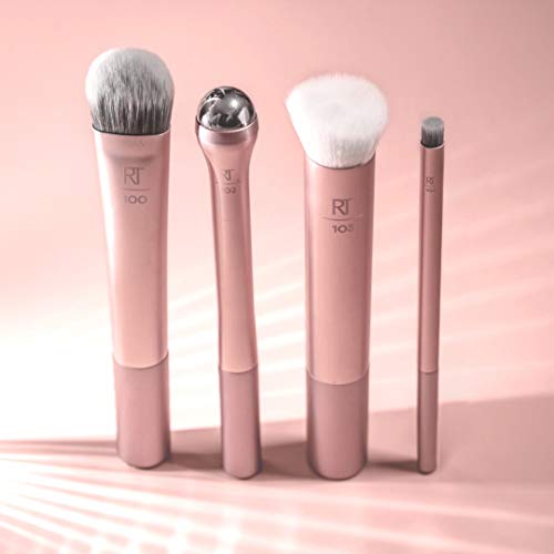 Real Techniques Prep and Prime Makeup Brush Set, Ideal for Exfoliating & Applying Primers, Moisturizers, & Serums, Skincare Tools, Synthetic Bristles, Cruelty-Free & Vegan, 4 Piece Set - color: Black;Silver, size: 4 Count (Pack of 1)