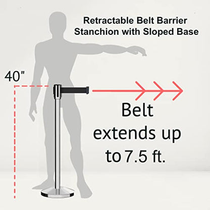 Montour Line M530 Set of 2 Retractable Belt Barrier Stanchion, Sloped Base, Polished Stainless Steel Post (7.5 ft Dark Blue Belt) - color: Dark Blue, size: 7.5 ft