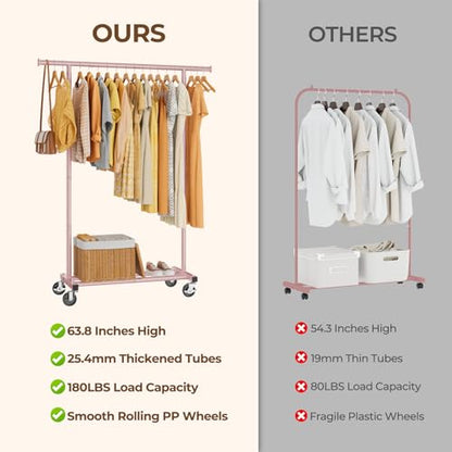 HYSEYY Clothes Rack, Clothing Rack for Hanging Clothes, Rolling Garment Rack Sturdy Coat Rack Portable Wardrobe Rack Metal Closet Rack for Bedroom Laundry Living Room, Pink - color: Pink