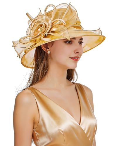 Women Derby Fascinator Hat Organza Church Wedding Hats Wide Brim Cocktail Tea Party Hat - color: 08 Khaki Gold