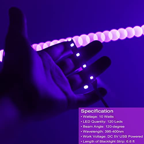 USB Black Light Strip, 6.6ft 10W UV LED Blacklight String Lights, 395-400nm, DC 5V, 120 Lamp Beads, Glow in The Dark for Halloween, Birthday, Party, Fluorescent Poster, Room, Bedroom Decoration - size: 6.6ft Strip