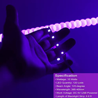 USB Black Light Strip, 6.6ft 10W UV LED Blacklight String Lights, 395-400nm, DC 5V, 120 Lamp Beads, Glow in The Dark for Halloween, Birthday, Party, Fluorescent Poster, Room, Bedroom Decoration - size: 6.6ft Strip