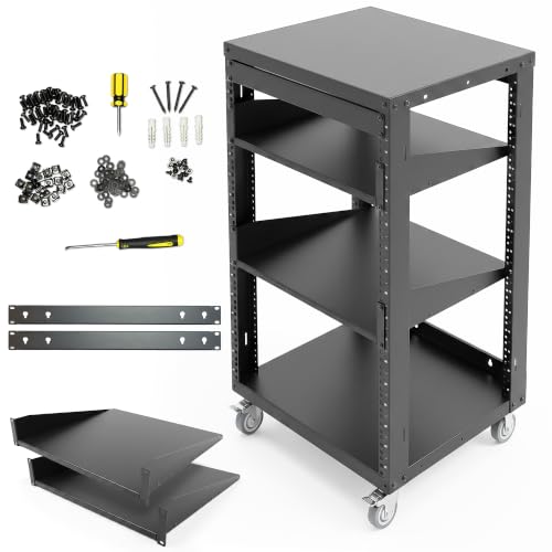 AxcessAbles 16U Open Frame Network & AV Rack with Caster Wheels, Two 2U Shelves, 10-32 & Cage Nut Compatible Rails, Cage Nuts, Screws, Cage Nut Tool & Wall Mount Kit | 19-Inch Equipment Rack - size: 16U - 2 Shelves