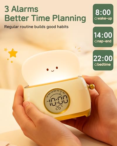 Alarm Clock for Kids, Cute Toast Night Light Alarm Clocks for Bedrooms, Dimming Rechargeable Small Led Desk Clock with Snooze & Countdown for Room Decor, Bedside Clock for Teen Girls Boys