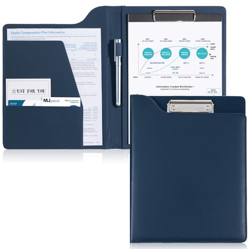 ProCase A4 Leather Padfolio Clipboard Folder -Dark Blue | Made of PU leather, with hinged lid, document compartments and integrated pen holder - color: Darkblue