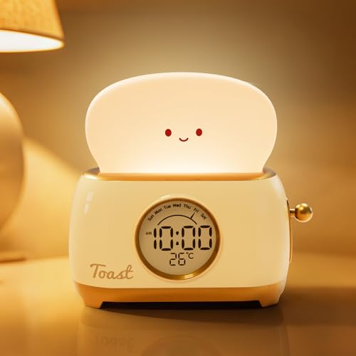 Alarm Clock for Kids, Cute Toast Night Light Alarm Clocks for Bedrooms, Dimming Rechargeable Small Led Desk Clock with Snooze & Countdown for Room Decor, Bedside Clock for Teen Girls Boys