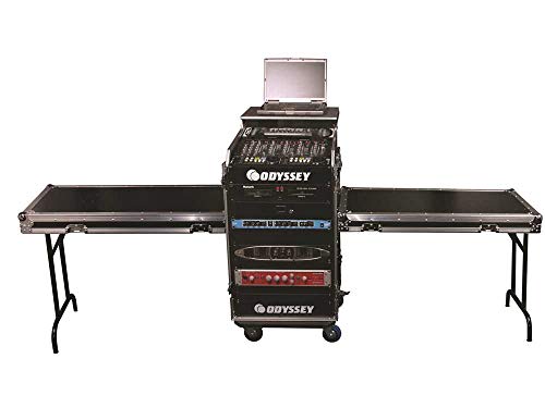 Deluxe 12U Top Slanted 14U Bottom Vertical Pro Combo Rack with Casters, Two Side Tables, and Glide Platform
