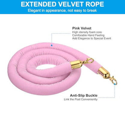 PATIKIL 5 Feet Pink Velvet Stanchion Rope, Crowd Control Barrier Rope with Snap Hooks for Posts Stand Queue Divider of Hotel Theater, Golden - color: Pink, size: 5 Feet