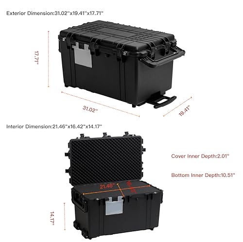 MEIJIA Rolling Waterproof Hard Protective Case, Hard Camera Case with Retractable Pull Handle and Wheels,Customizable Fit Foam Inserted,Black,31.02X19.41X17.71inches - size: 31.02X19.41X17.71inches
