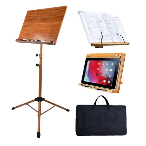 Sheet Music Stand - Portable Music Stand with Carrying Bag, Made of Wooden and Metal Build, Bamboo Conductor Podium Lectern Metal Stand Foldable with Adjustable Height & Angle for Home or Studio