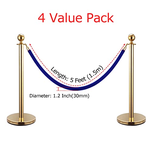 4 Pack Blue Velvet Stanchion Rope, 5ft Velvet Ropes Stanchion Ropes with Gold Clasps, Crowd Control Rope Queue Safety Sarriers Stanchion Post Rope for Party Event and Red Carpet - color: Blue
