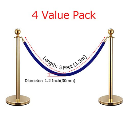4 Pack Blue Velvet Stanchion Rope, 5ft Velvet Ropes Stanchion Ropes with Gold Clasps, Crowd Control Rope Queue Safety Sarriers Stanchion Post Rope for Party Event and Red Carpet - color: Blue