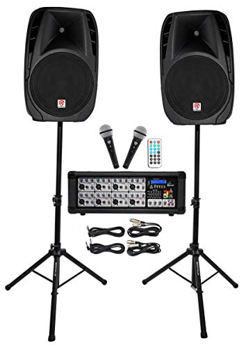 Rockville RPG2X15 Bundle: (2) 15 in Passive PA Speakers, 8-Channel Powered Mixer, Bluetooth, USB/SD, (2) Tripod Stands, (2) Wired Microphones, (2) 10 ft Speaker Cables, 9-Items - size: 15"