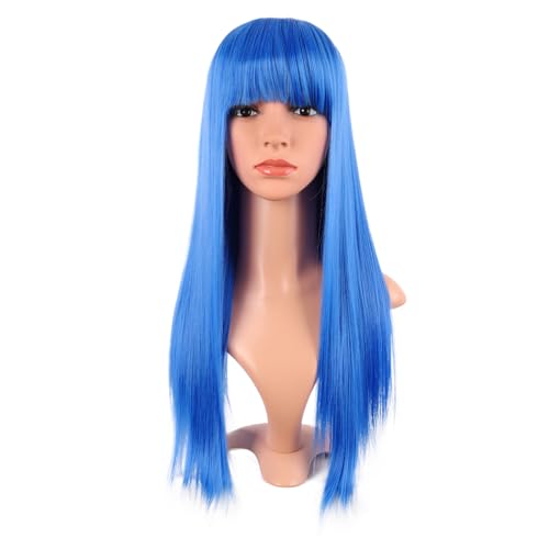 MapofBeauty 24 Inch Long Straight Flat Bangs Party Cosplay Wig, Bright Blue | 60 cm Synthetic Hair Wig, Heat Resistant, Women - color: Bright Blue