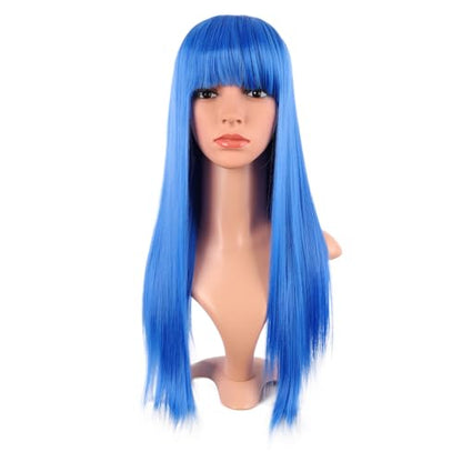 MapofBeauty 24 Inch Long Straight Flat Bangs Party Cosplay Wig, Bright Blue | 60 cm Synthetic Hair Wig, Heat Resistant, Women - color: Bright Blue