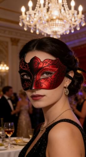 Masquerade Mask for Men Women Couple, Venetian Carnival Mask for Mardi Gras, Halloween, Party Prom Ball Costume - color: Red